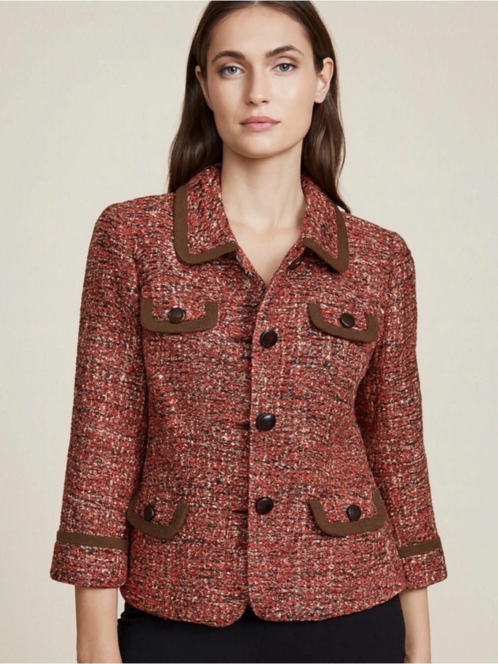 Vintage Talbots Tweed Blazer Women 14 Red Brown Wool Blend Multi Color Button Up